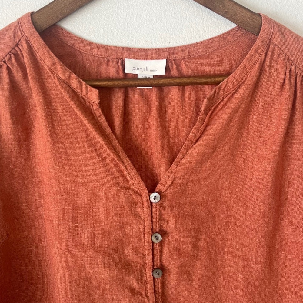 Pure J. Jill 100% Linen SP Button Up Blouse Rust Orange Petite Lagenlook‎ Beach - Picture 5 of 12